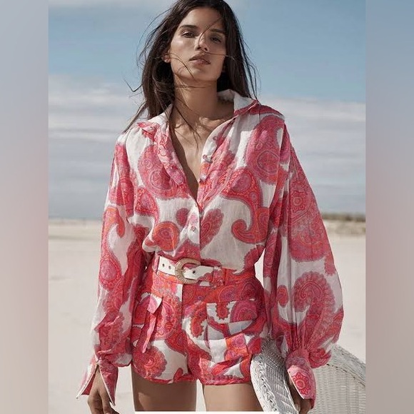 Zimmermann Tops - NWT! Zimmermann Peggy Orange/Pink Paisley Linen Button Down Long Sleeve Blouse